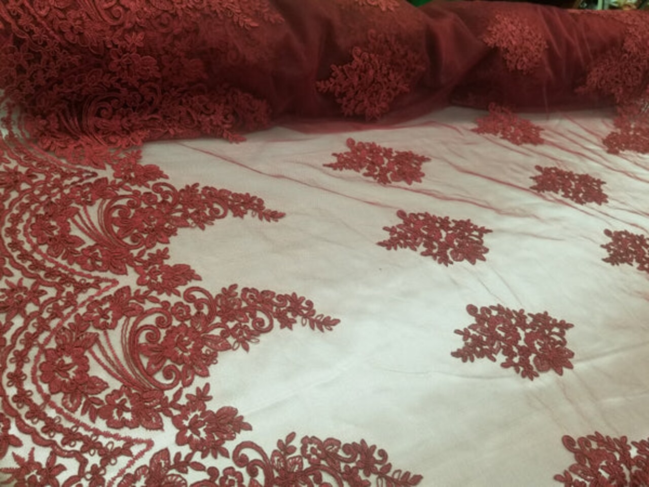 1 Yard Burgundy French Floral Mesh Lace Fabric for Bridal Gowns and Décor 50/54 Inch Width